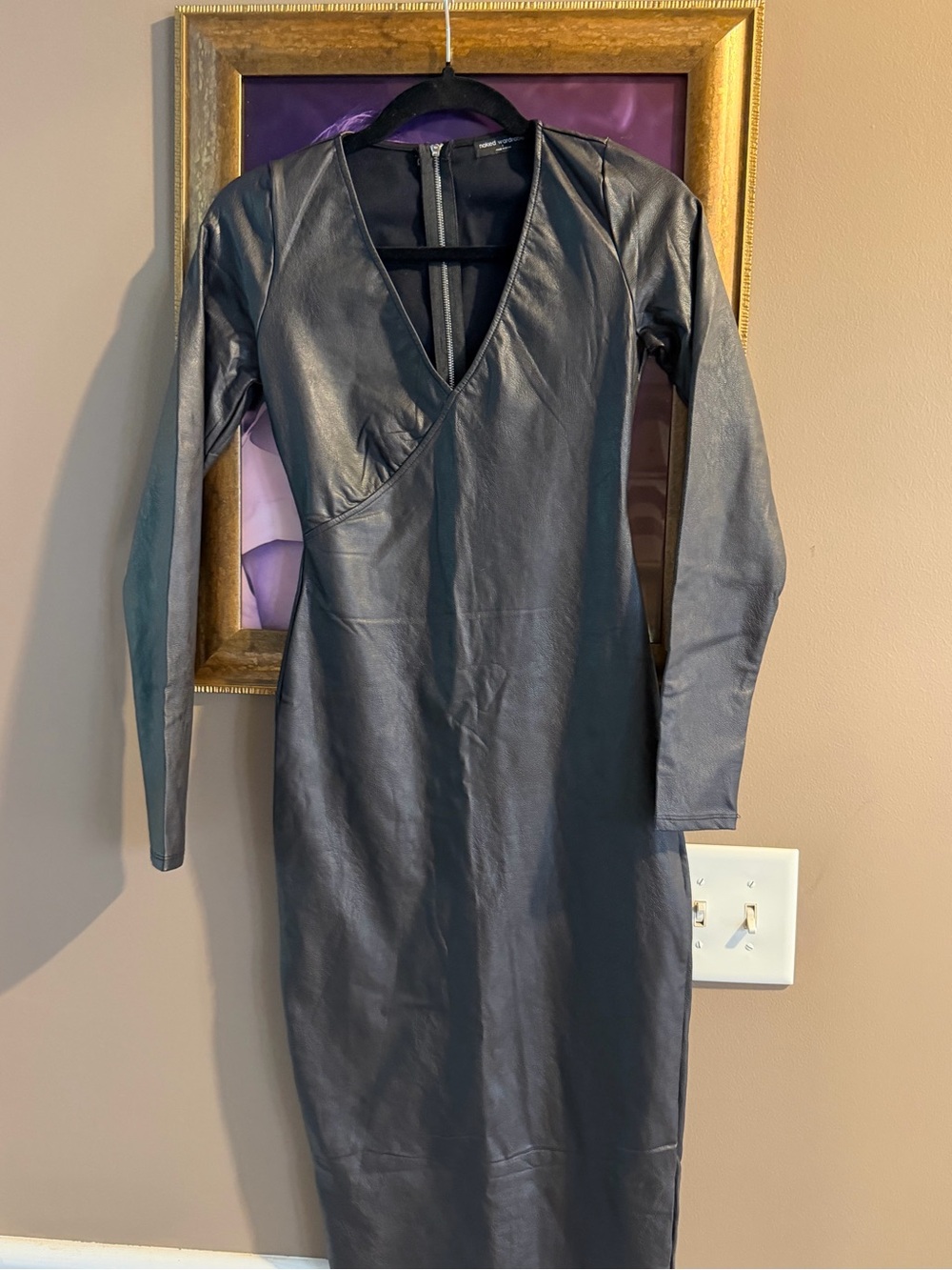 NWOT Naked Wardrobe Black Faux Leather Bodycon Midi Dress Size S